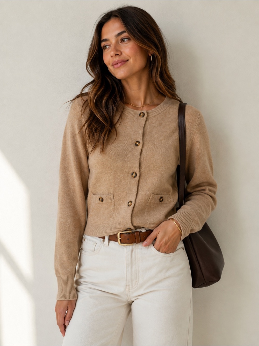 Zara Camel Button-Front Cardigan with Patch Pockets